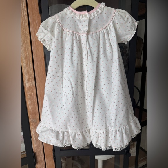 Vintage 1980s gown bonnet set rosebuds print baby girl bow lace eyelet heirloom - Picture 4 of 10